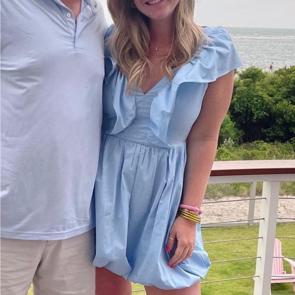 Blue bubble dress with ruffle detail